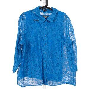 Floral Sheer Y2K Button Up Shirt Tank Set XL Blue 3/4 Sleeve Fairy Boho Whimsy